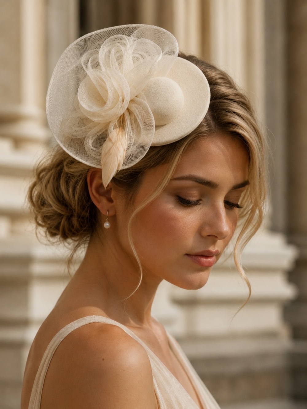 Women’s Small Beige Top Hat Mesh Flower And Feathers Derby Fascinator
